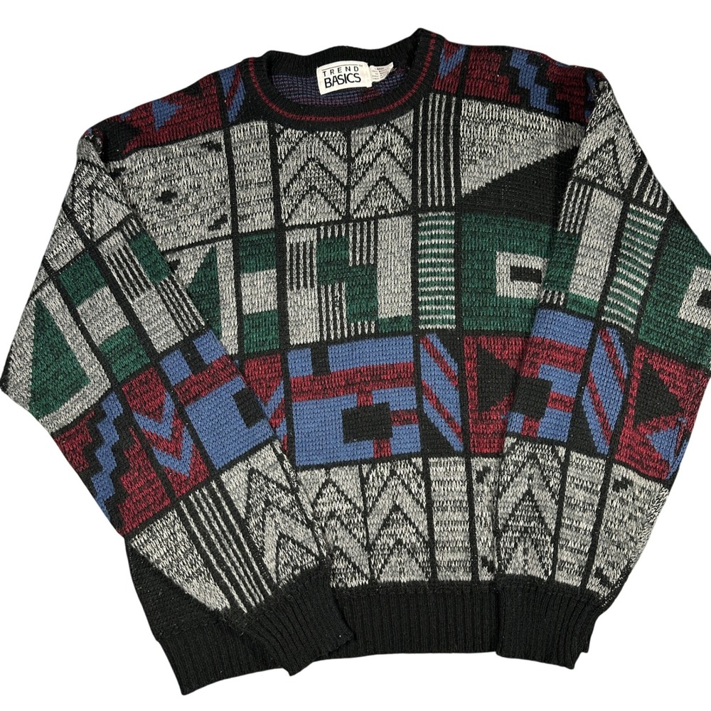 Vintage 90s Sweater Trend Basics Mens Large Multi Geometric Abstract Knit Good